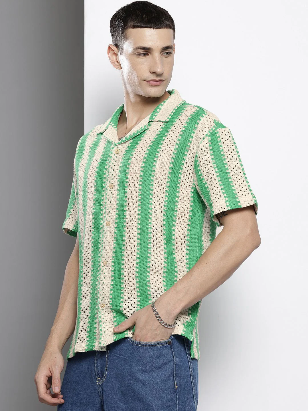 The Indian Garage Co Men Textured Open Weave Knitted Relaxed Fit Shirt - Image 3
