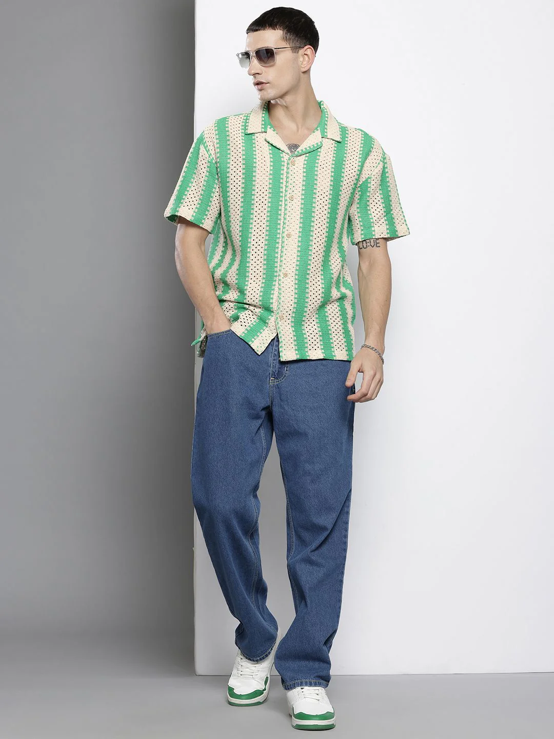 The Indian Garage Co Men Textured Open Weave Knitted Relaxed Fit Shirt - Image 4