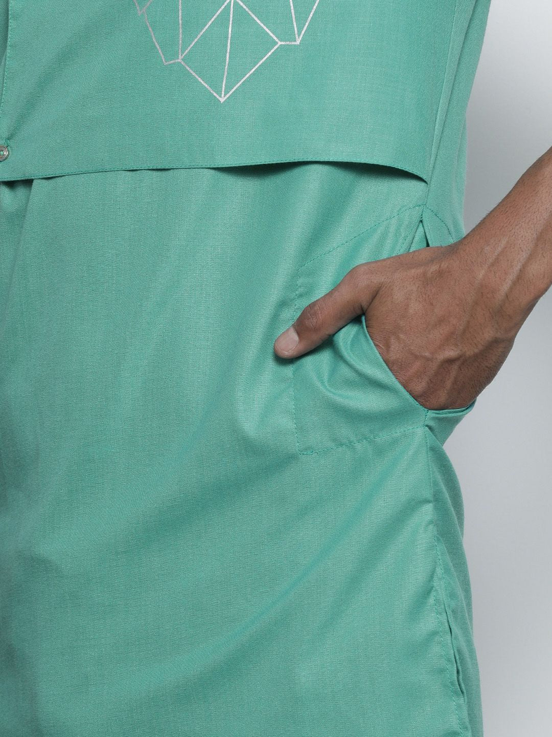 The Indian Garage Co Men Turquoise Blue Solid Angrakha Kurta with Printed Detailing - Image 6