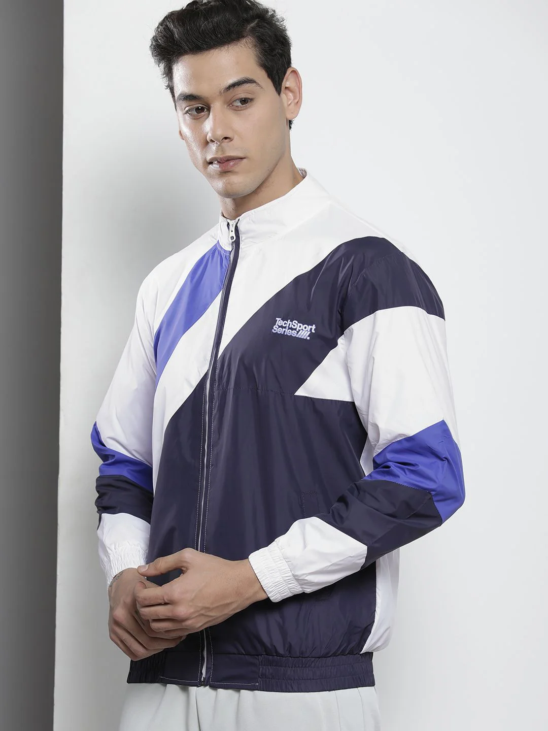 The Indian Garage Co Men White & Blue Striped Windcheater Outdoor Tailored Jacket - Image 3