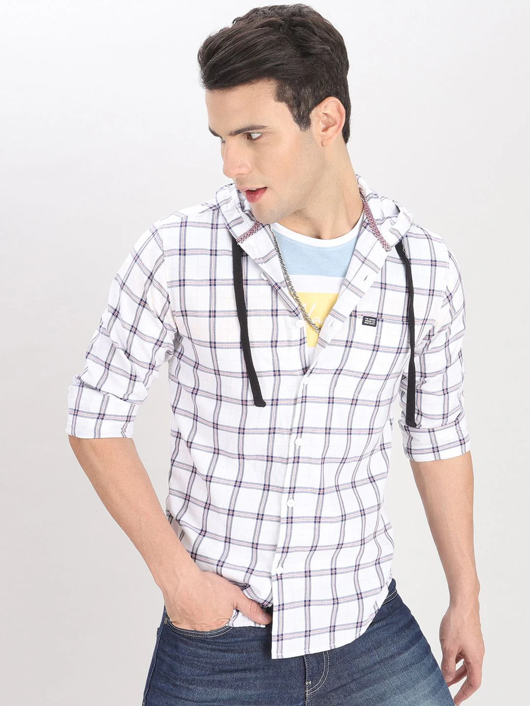 The Indian Garage Co Men White Checked Hooded Casual Shirt - Image 2