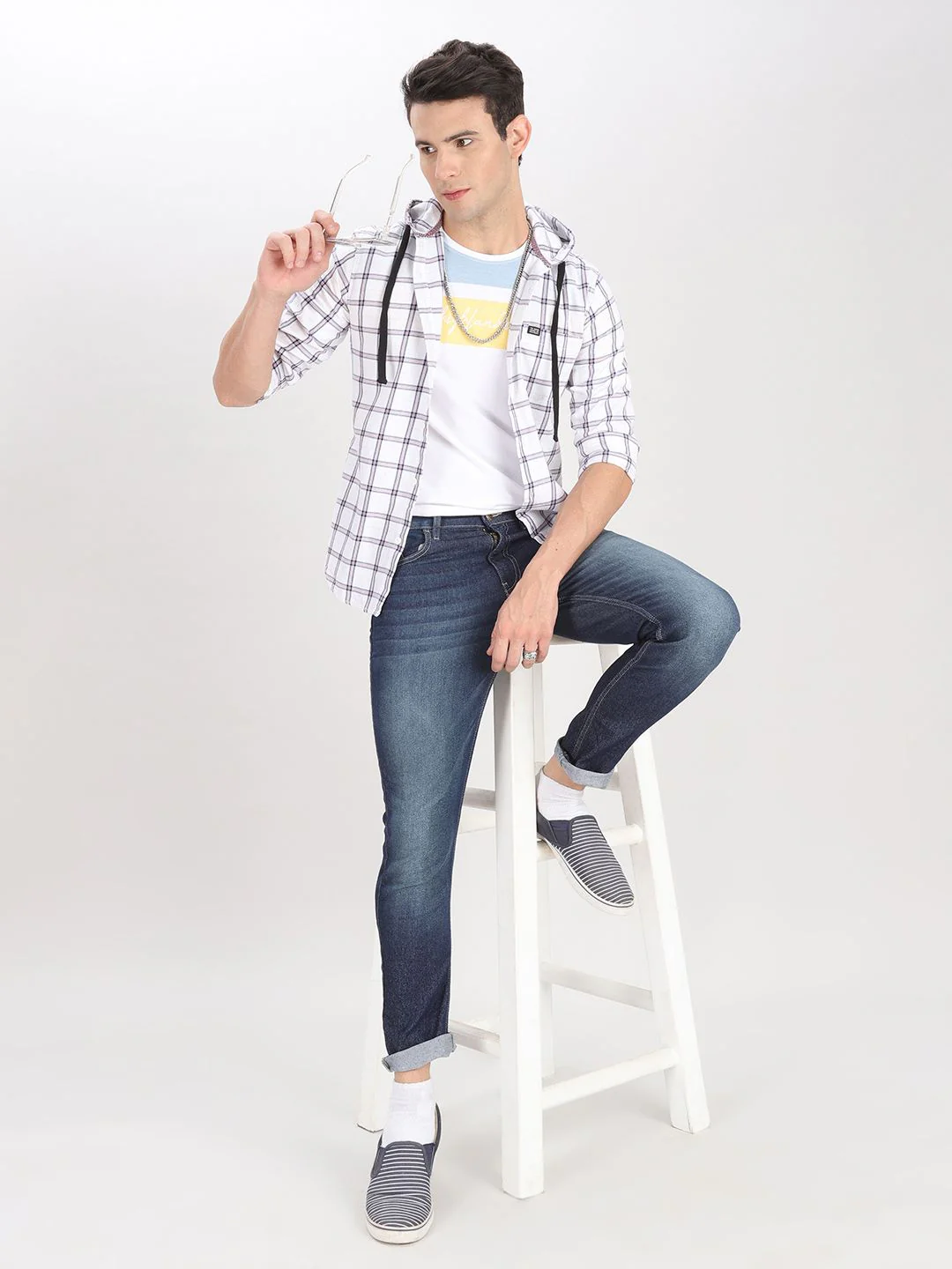 The Indian Garage Co Men White Checked Hooded Casual Shirt - Image 4