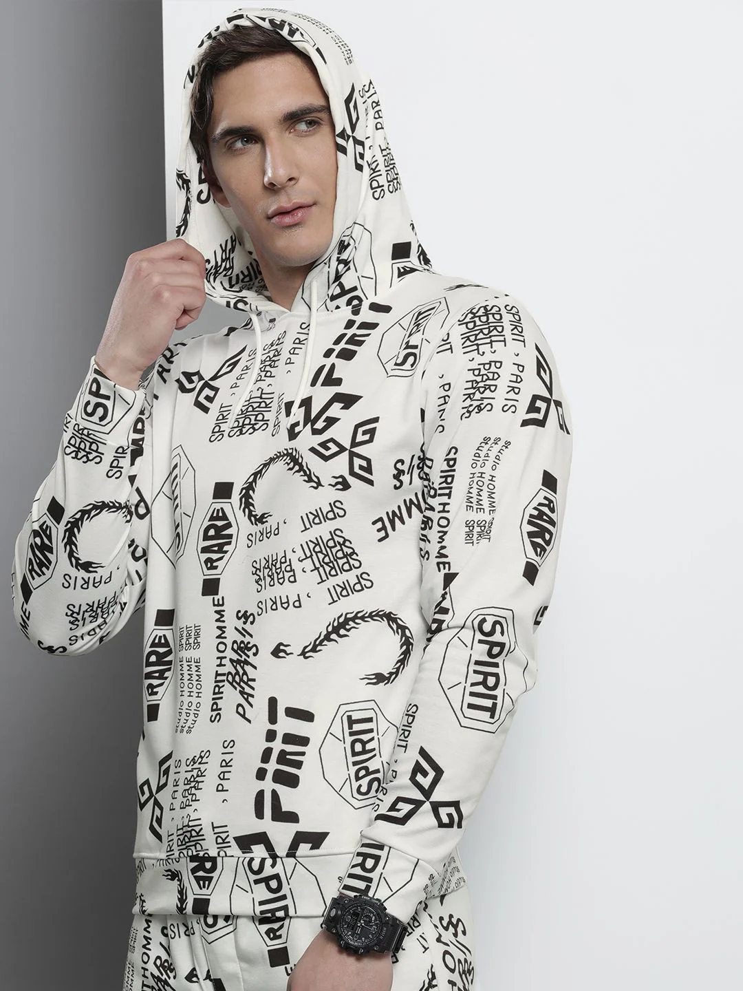 The Indian Garage Co Men White Printed Hooded Sweatshirt - Image 3