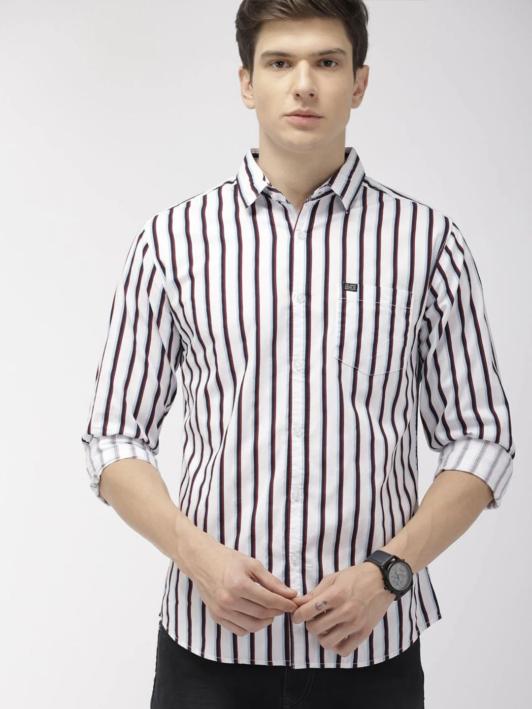 The Indian Garage Co Men White & Red Slim Fit Striped Casual Shirt - Image 2