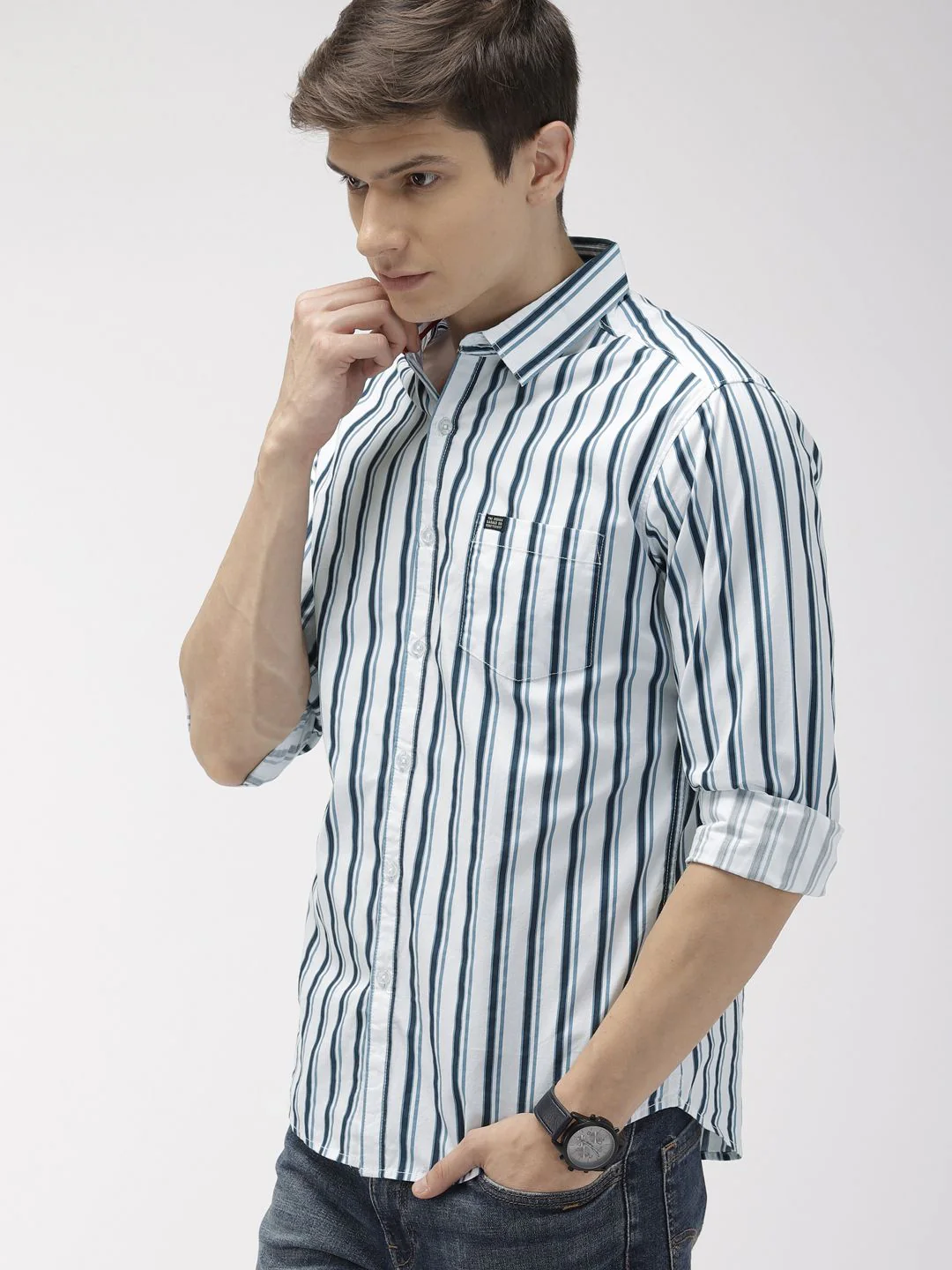The Indian Garage Co Men White & Teal Blue Slim Fit Striped Casual Shirt - Image 3