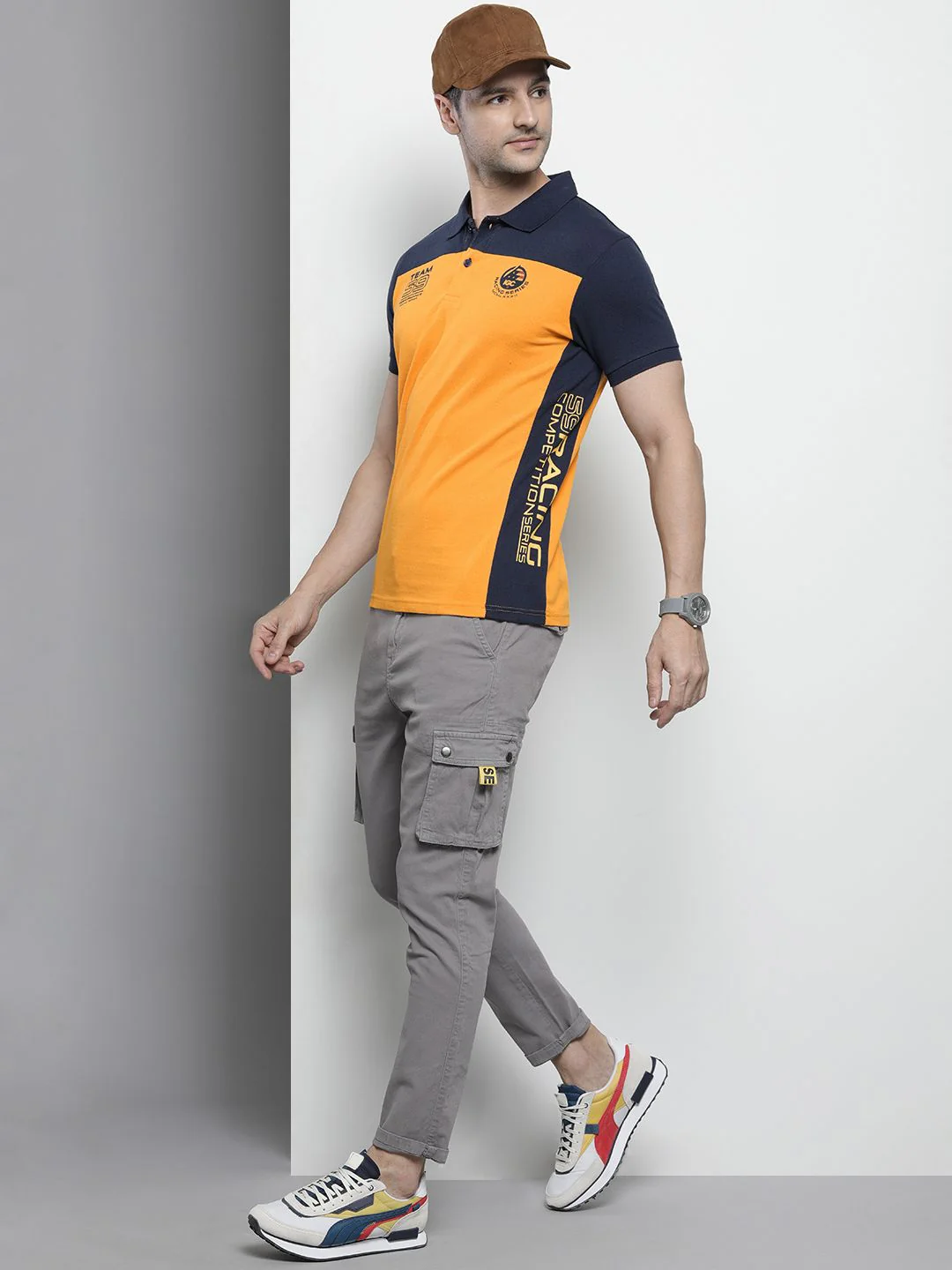 The Indian Garage Co Men Yellow & Navy Blue Colourblocked Polo Collar T-shirt - Image 4