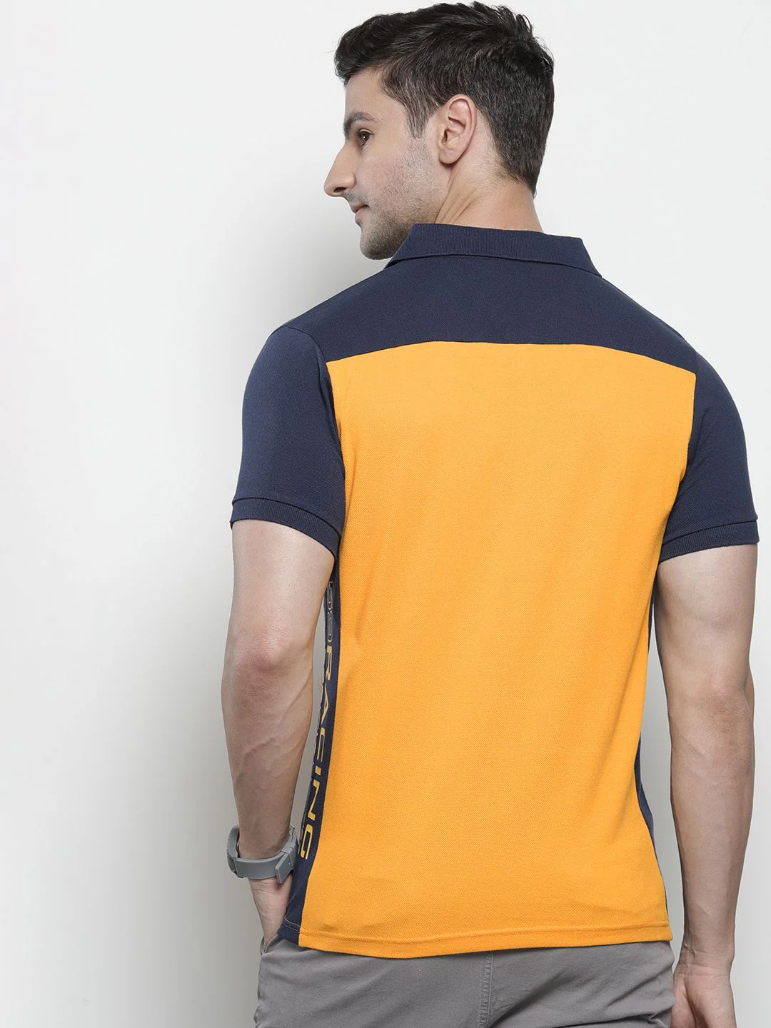 The Indian Garage Co Men Yellow & Navy Blue Colourblocked Polo Collar T-shirt - Image 5