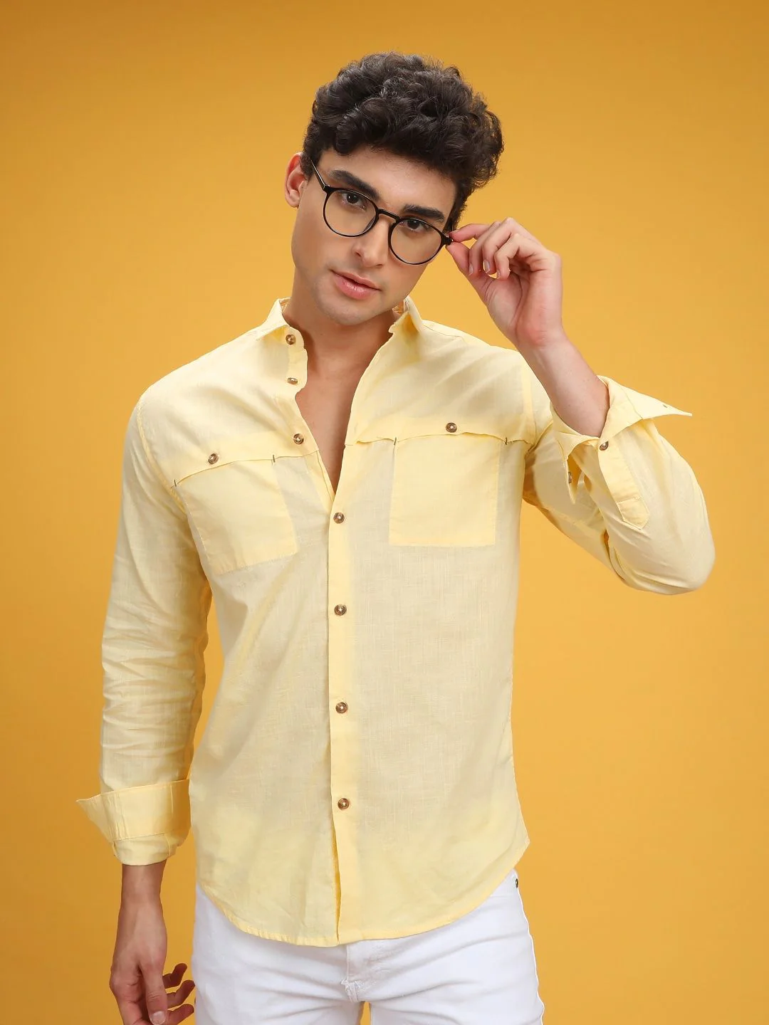 The Indian Garage Co Men Yellow Slim Fit Solid Pure Cotton Casual Shirt - Image 2