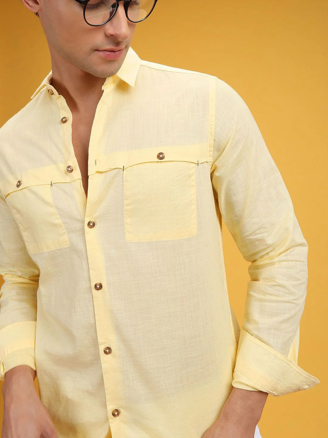 The Indian Garage Co Men Yellow Slim Fit Solid Pure Cotton Casual Shirt - Image 3