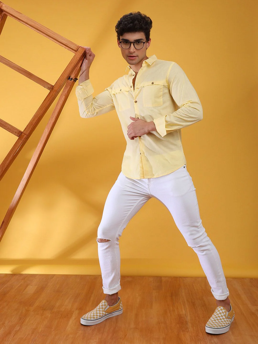 The Indian Garage Co Men Yellow Slim Fit Solid Pure Cotton Casual Shirt - Image 7