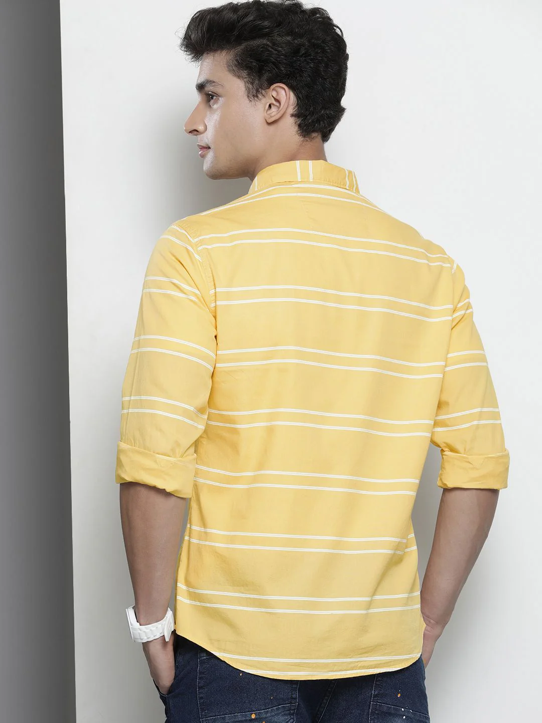 The Indian Garage Co Men Yellow & White Horizontal Striped Pure Cotton Casual Shirt - Image 4
