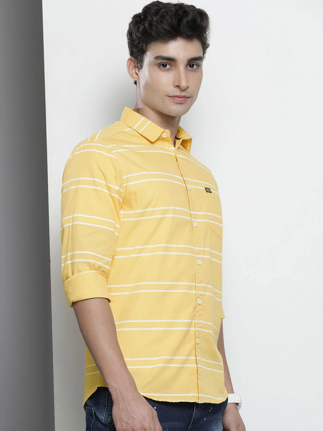 The Indian Garage Co Men Yellow & White Horizontal Striped Pure Cotton Casual Shirt - Image 5