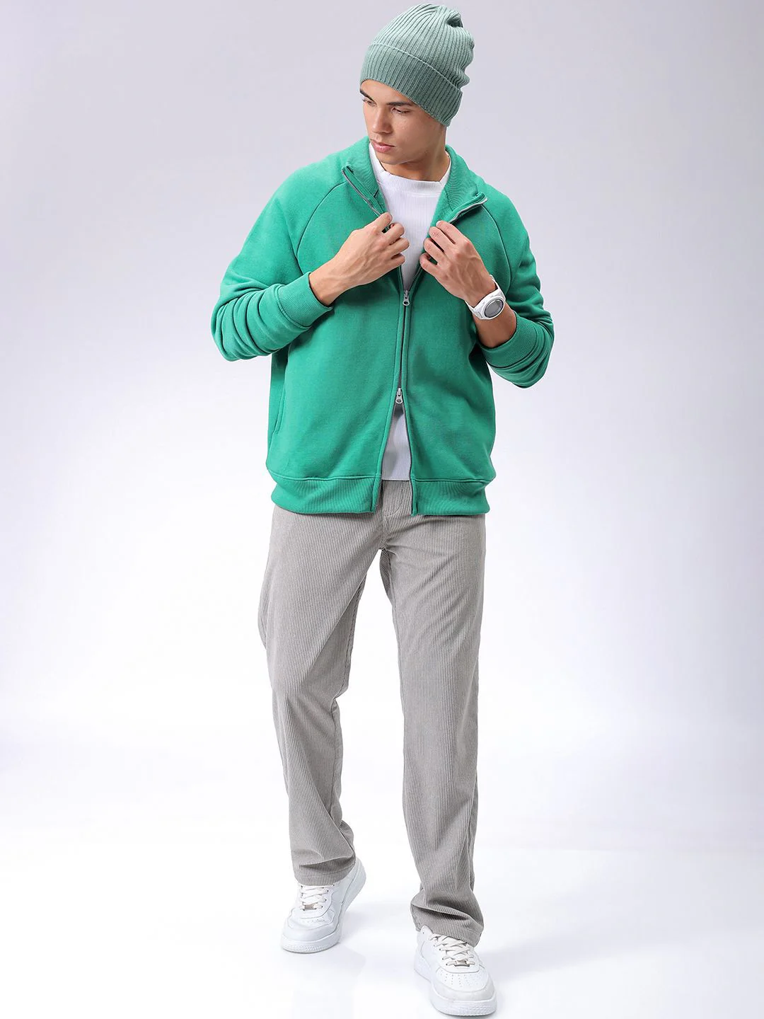 The Indian Garage Co Mens Green Relaxed Fit Solid Front open-Highneck Sweatshirts - Image 6