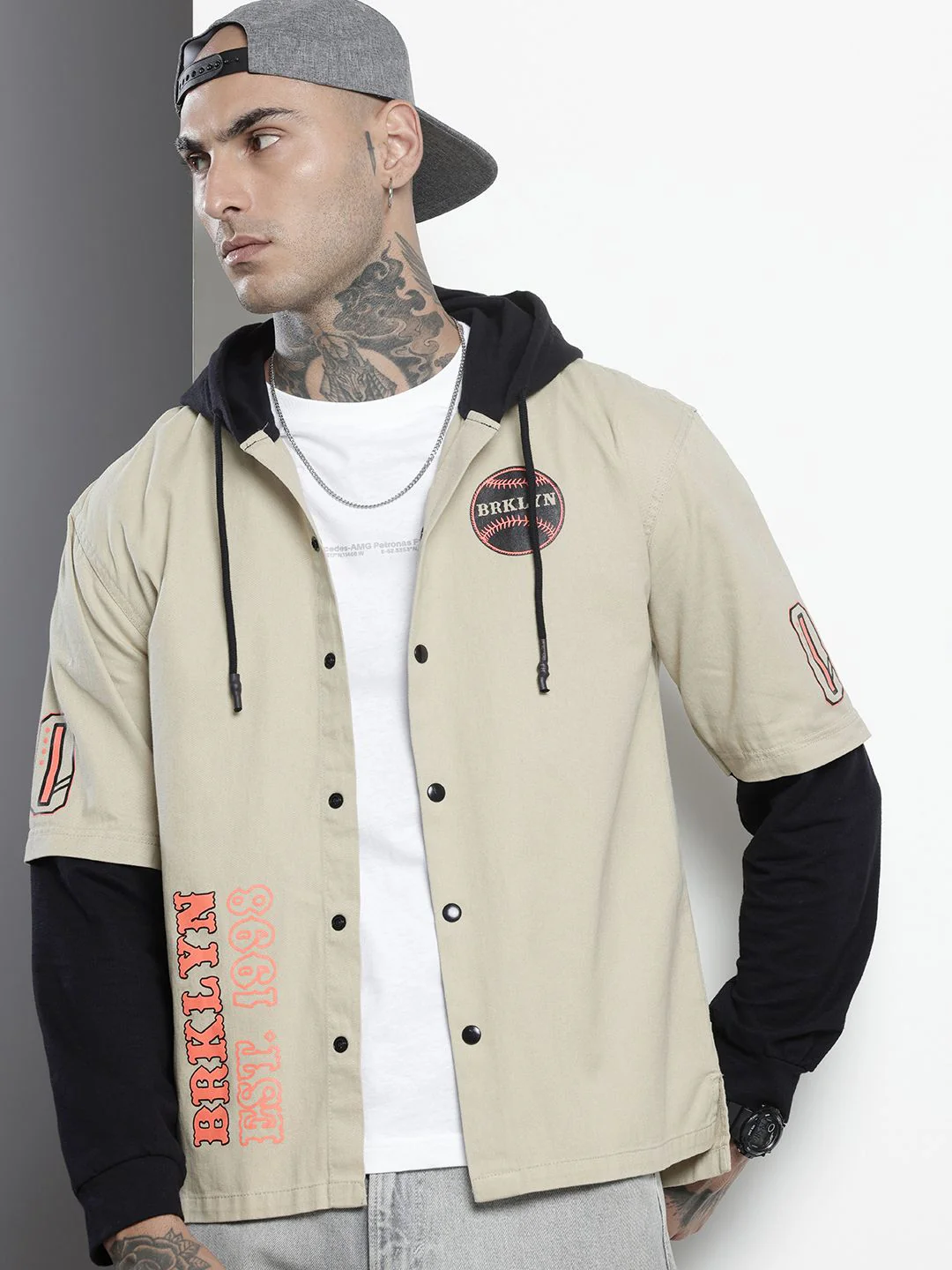 The Indian Garage Co Pure Cotton Doctor Sleeves Printed Hooded Relaxed Casual Shirt