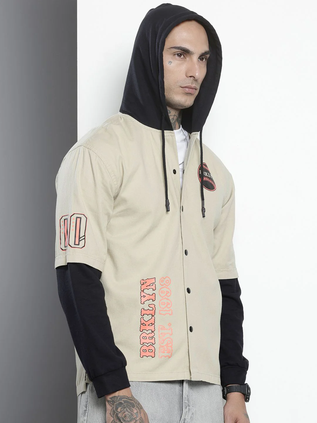 The Indian Garage Co Pure Cotton Doctor Sleeves Printed Hooded Relaxed Casual Shirt - Image 5