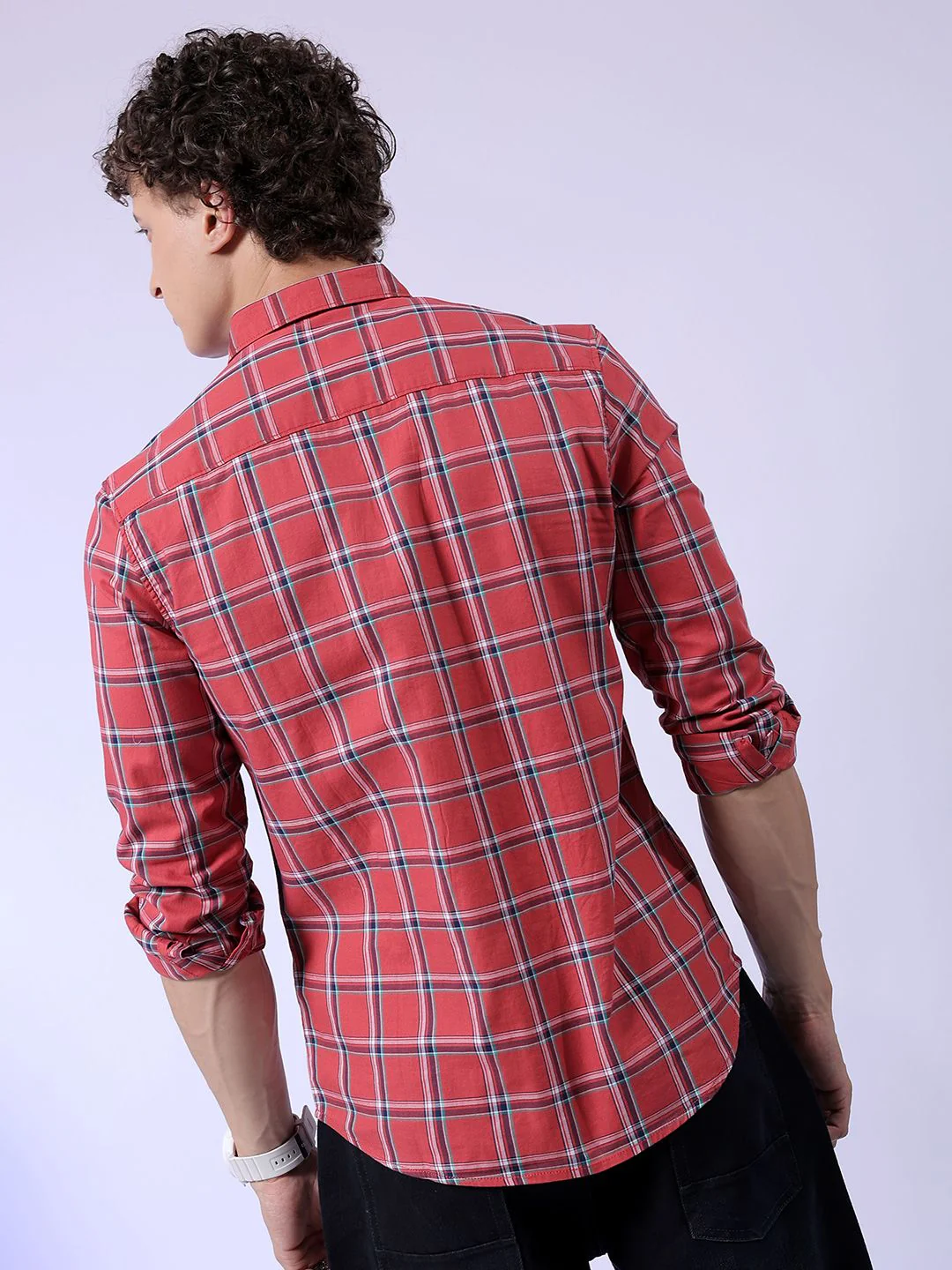 The Indian Garage Co Red Slim Fit Tartan Checked Pure Cotton Casual Shirt - Image 5