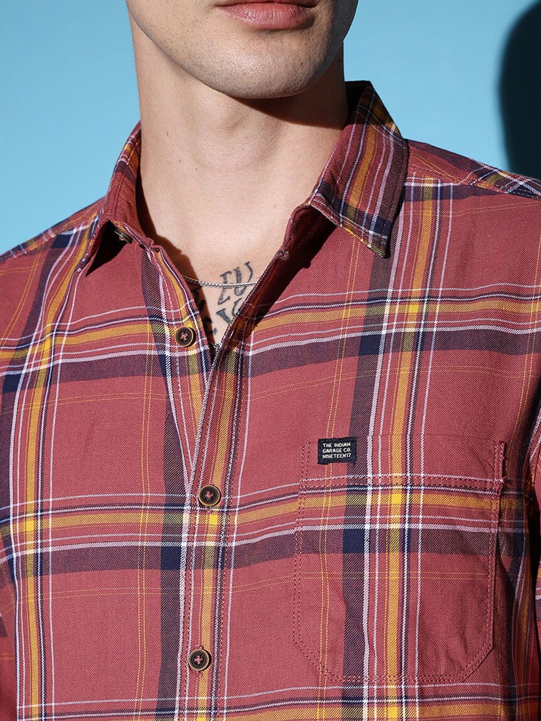 The Indian Garage Co Rust-Coloured Slim Fit Tartan Checked Casual Shirt - Image 2