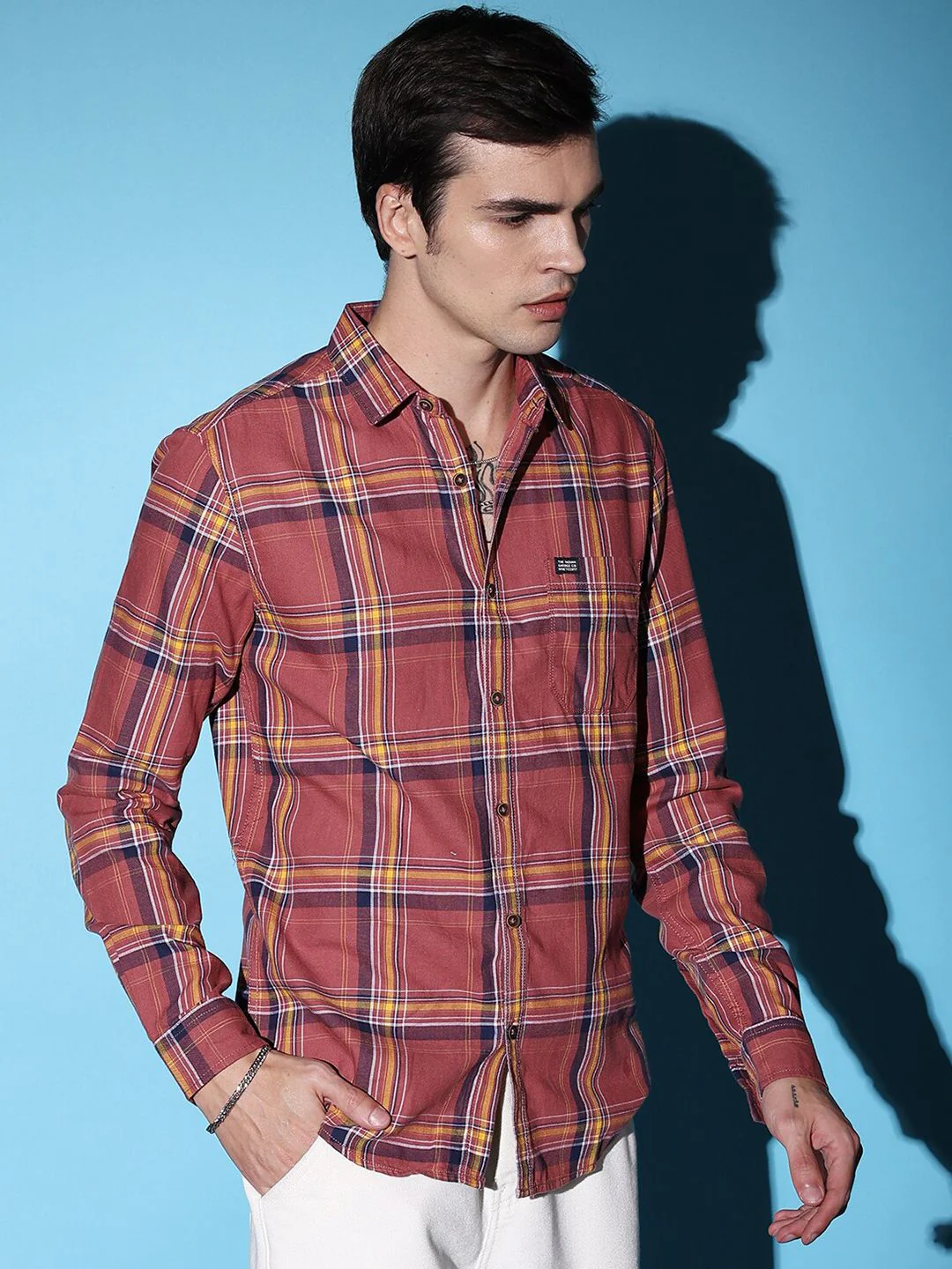 The Indian Garage Co Rust-Coloured Slim Fit Tartan Checked Casual Shirt - Image 3