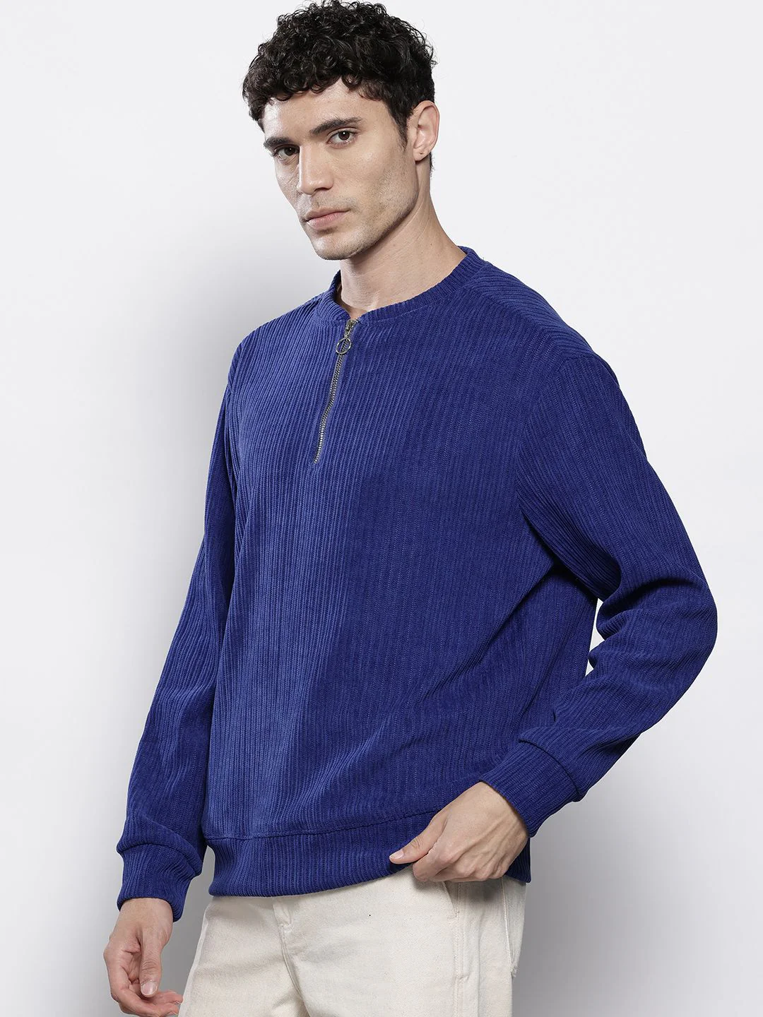 The Indian Garage Co Self Design Henley Neck Drop-Shoulder Sleeves Corduroy Sweatshirt - Image 3