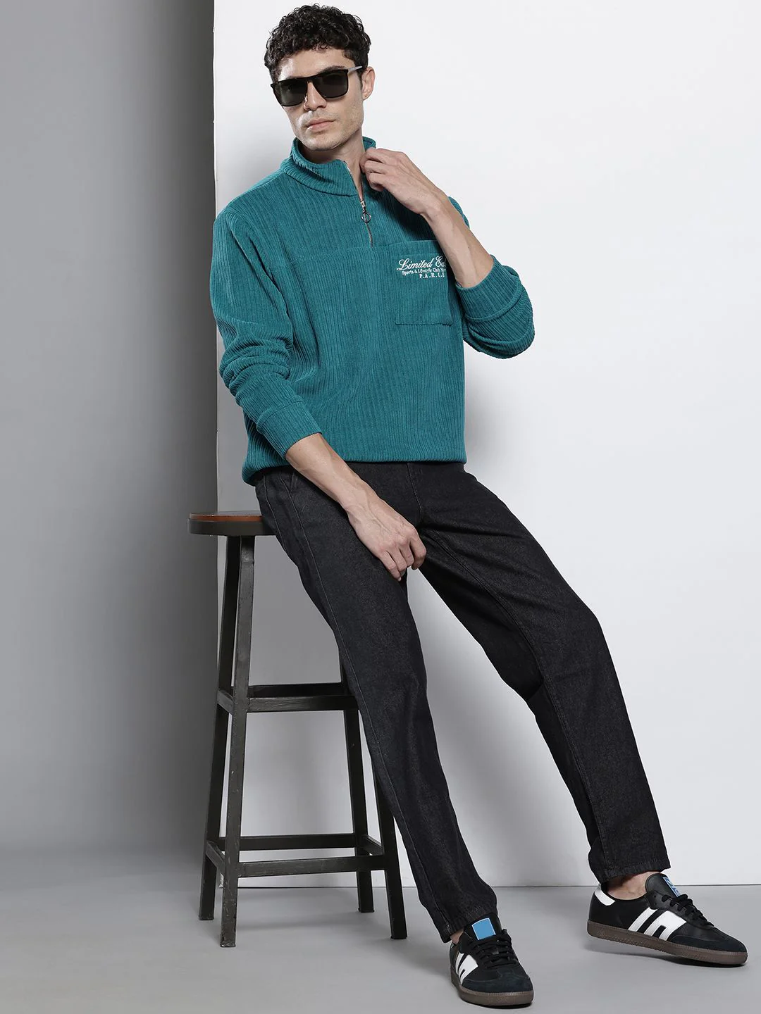 The Indian Garage Co Self Striped Typography Printed Corduroy Relaxed Fit Sweatshirt - Image 4