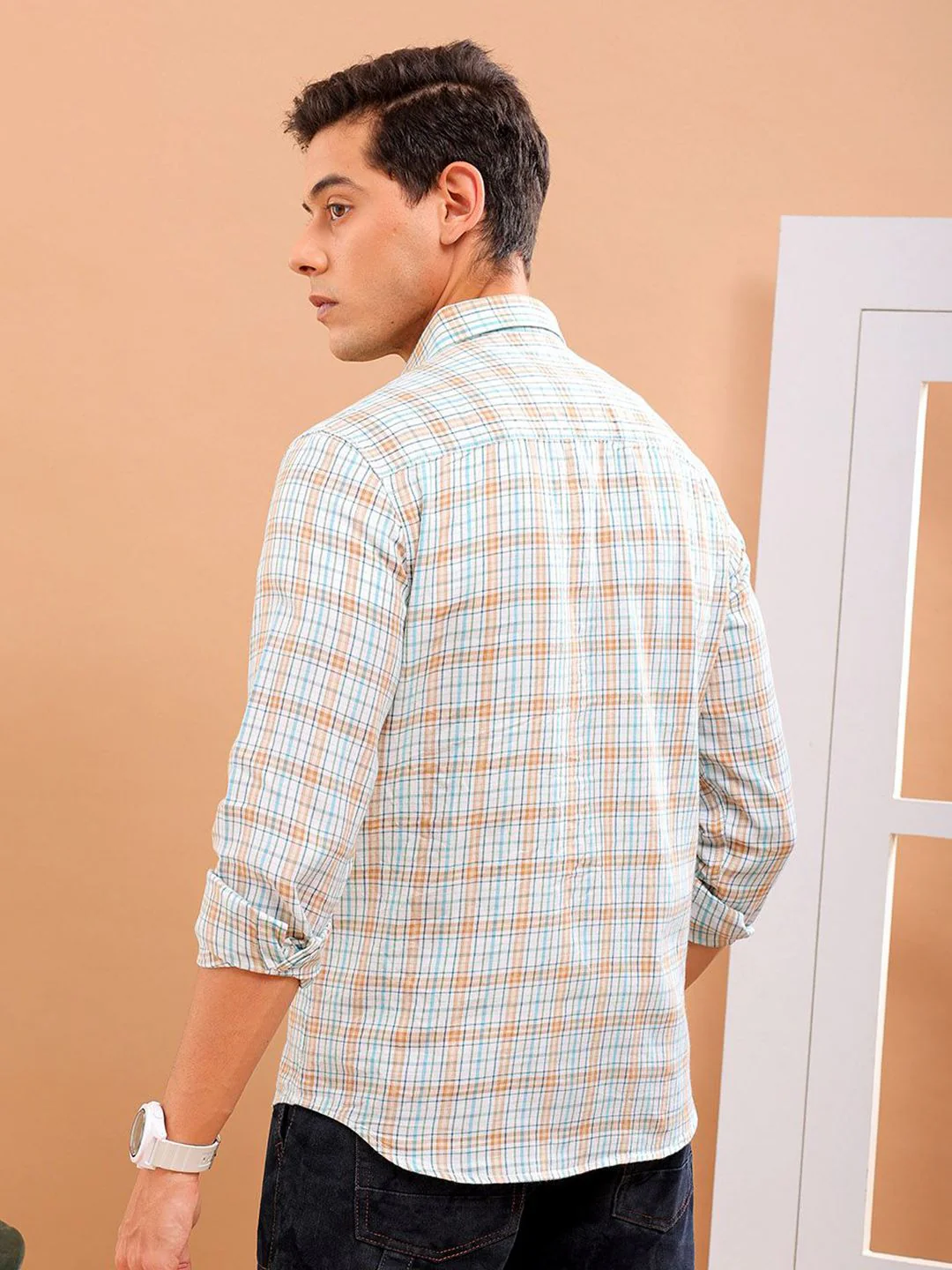The Indian Garage Co Slim Fit Checked Spread Collar Pure Cotton Casual Shirt - Image 4