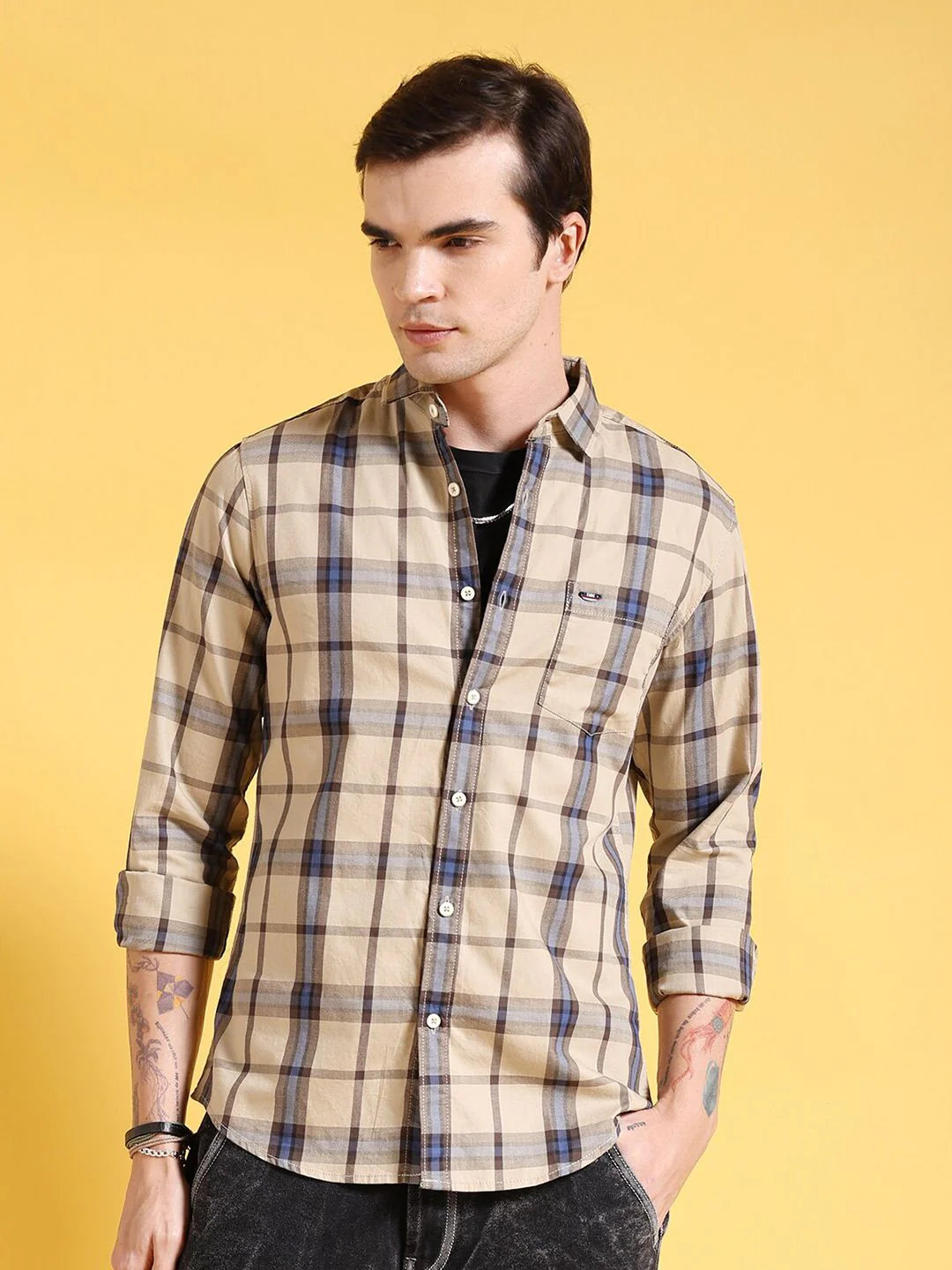 The Indian Garage Co Slim Fit Checked Twill Weave Pure Cotton Casual Shirt