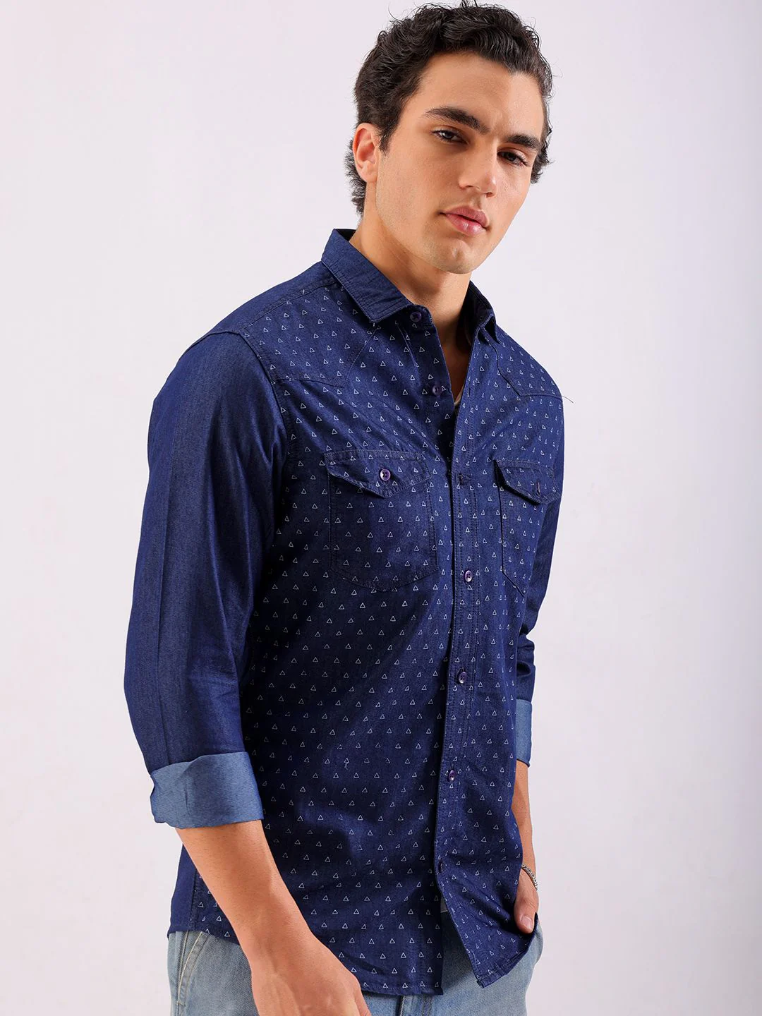 The Indian Garage Co Slim Fit Printed Cotton Casual Denim Shirt - Image 3