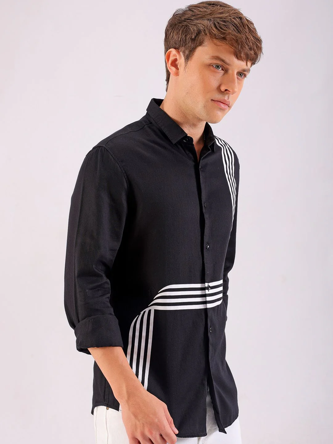 The Indian Garage Co Slim Fit Striped Band Collar Pure Cotton Casual Shirt - Image 3