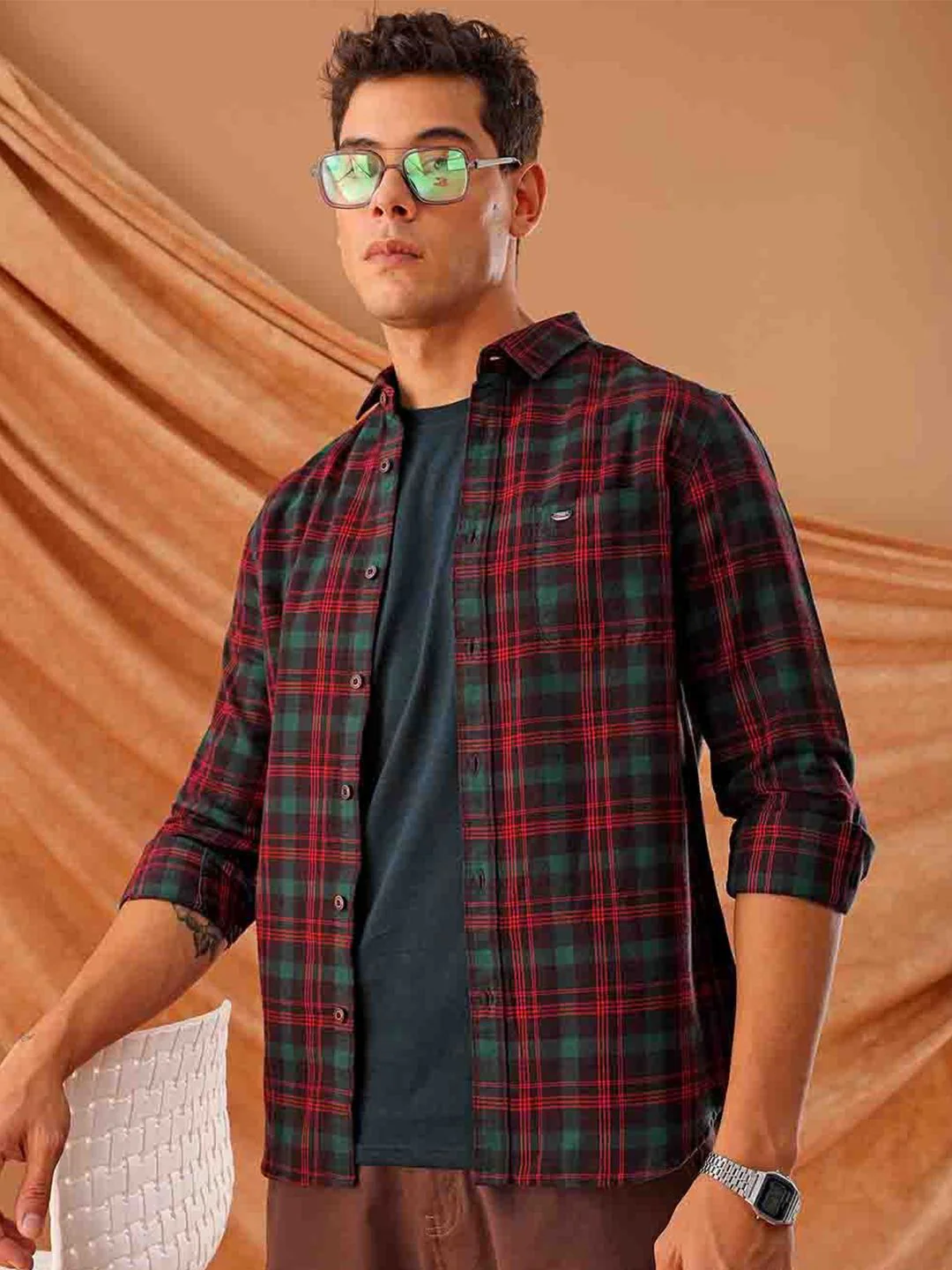 The Indian Garage Co. Slim Fit Tartan Checks Pure Cotton Casual Shirt