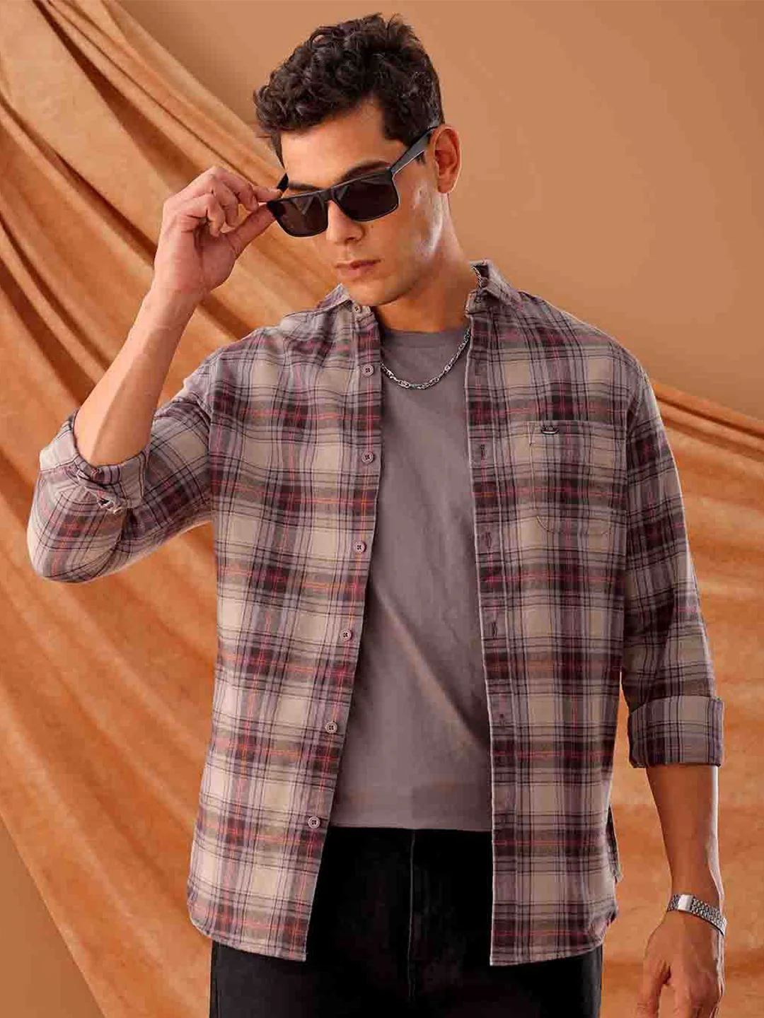The Indian Garage Co. Spread Collar Slim Fit Tartan Checks Cotton Casual Shirt