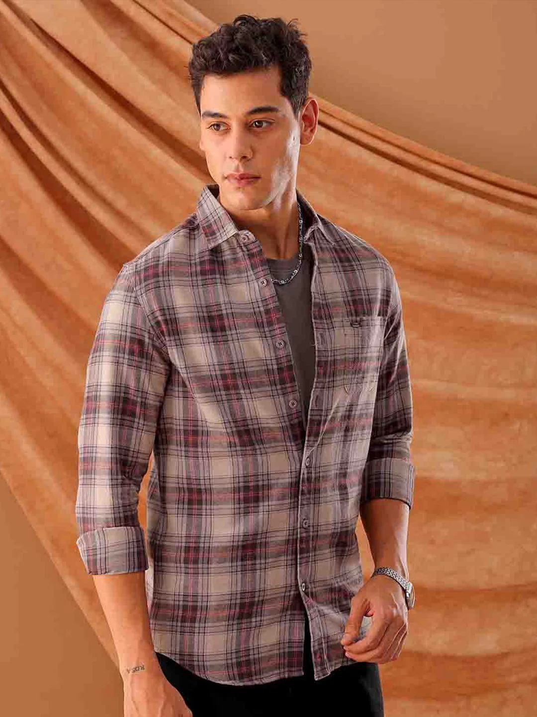 The Indian Garage Co. Spread Collar Slim Fit Tartan Checks Cotton Casual Shirt - Image 3