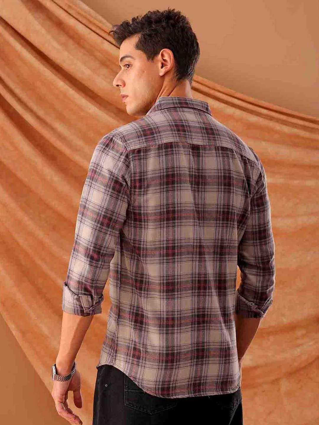 The Indian Garage Co. Spread Collar Slim Fit Tartan Checks Cotton Casual Shirt - Image 4