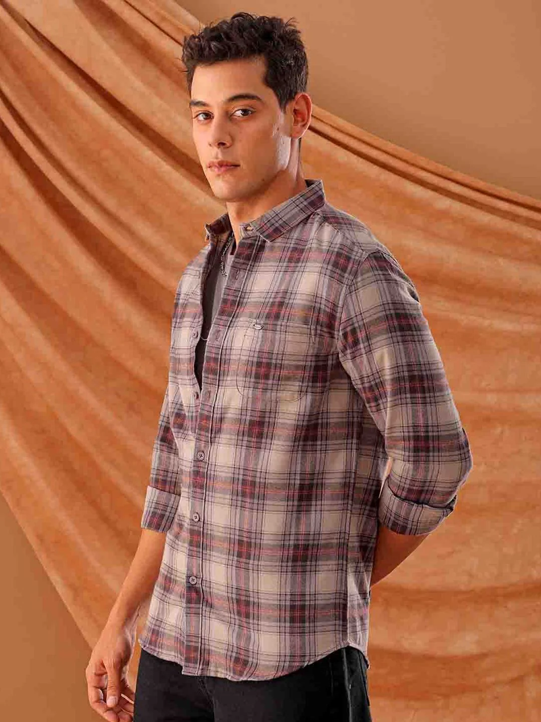 The Indian Garage Co. Spread Collar Slim Fit Tartan Checks Cotton Casual Shirt - Image 5