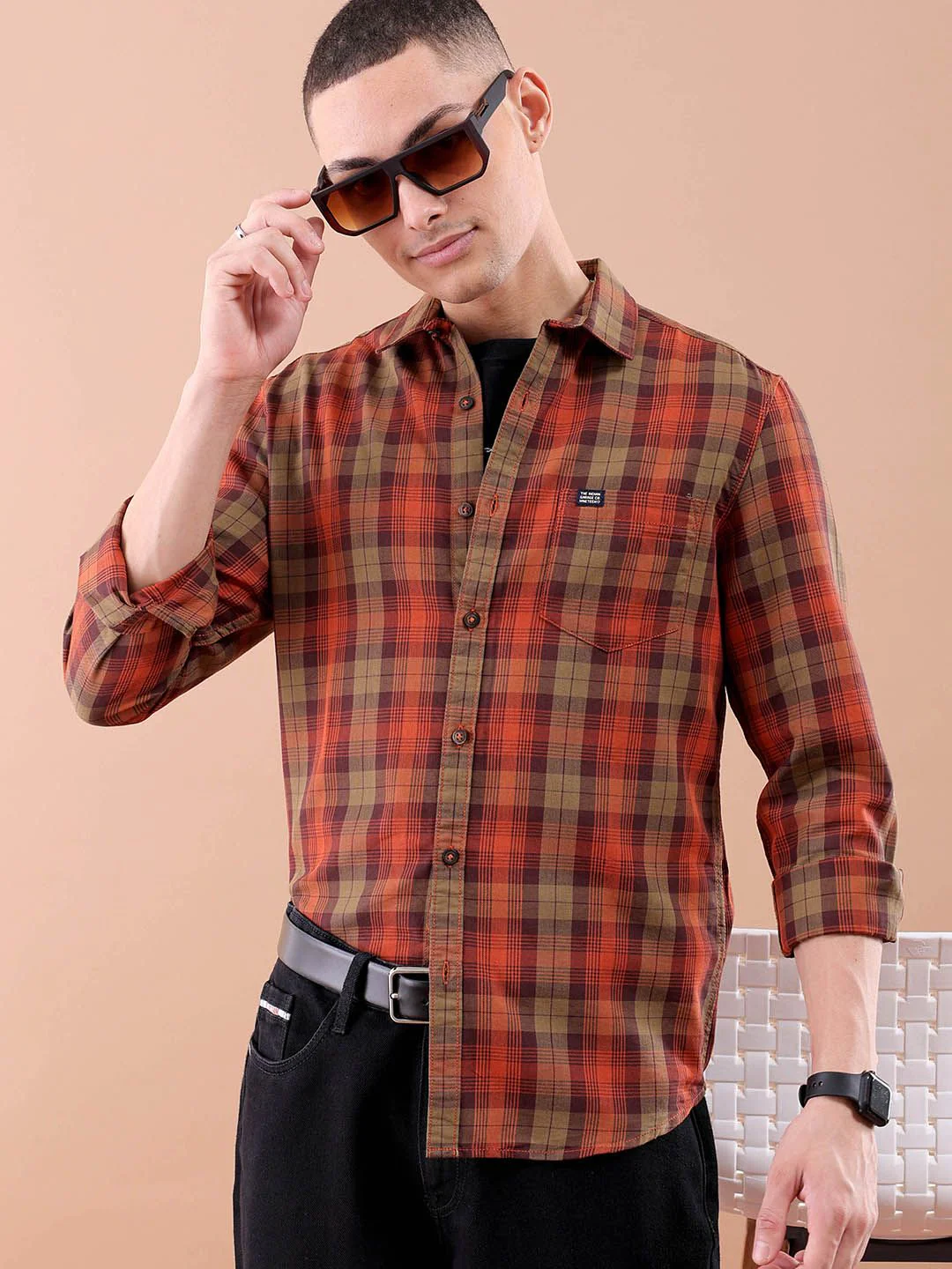 The Indian Garage Co Tartan Checked Pure Cotton Casual T-Shirt