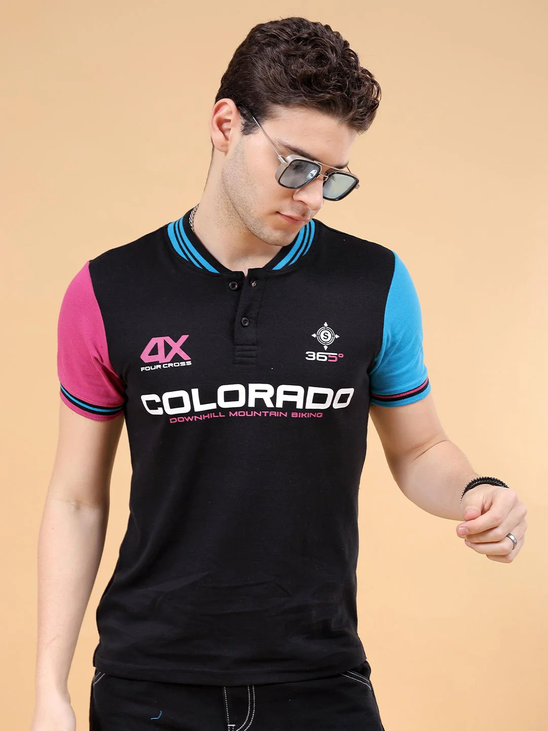 The Indian Garage Co Typography Henley Neck Applique Cotton T-shirt