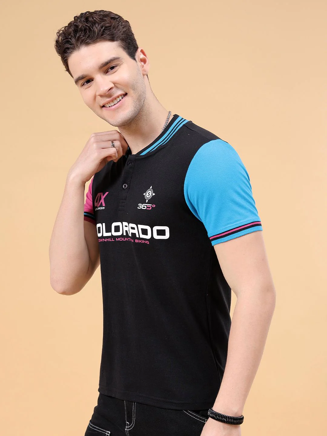 The Indian Garage Co Typography Henley Neck Applique Cotton T-shirt - Image 3