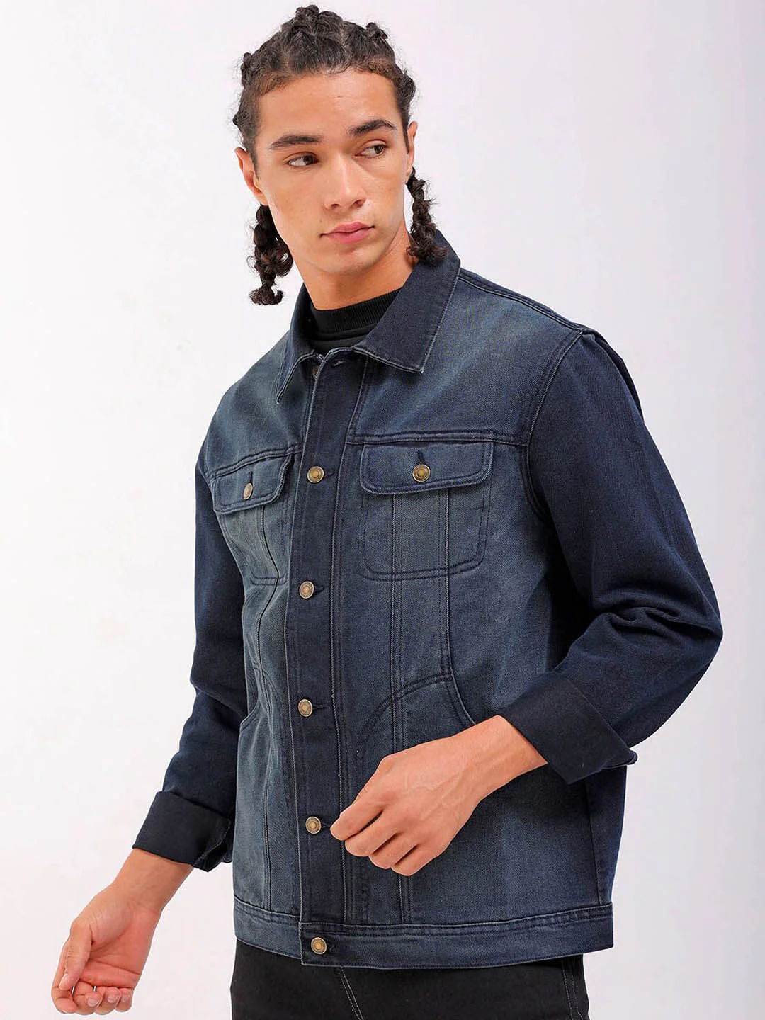 The Indian Garage Co Washed Checked Crop Denim Jacket with Patchwork - Image 5
