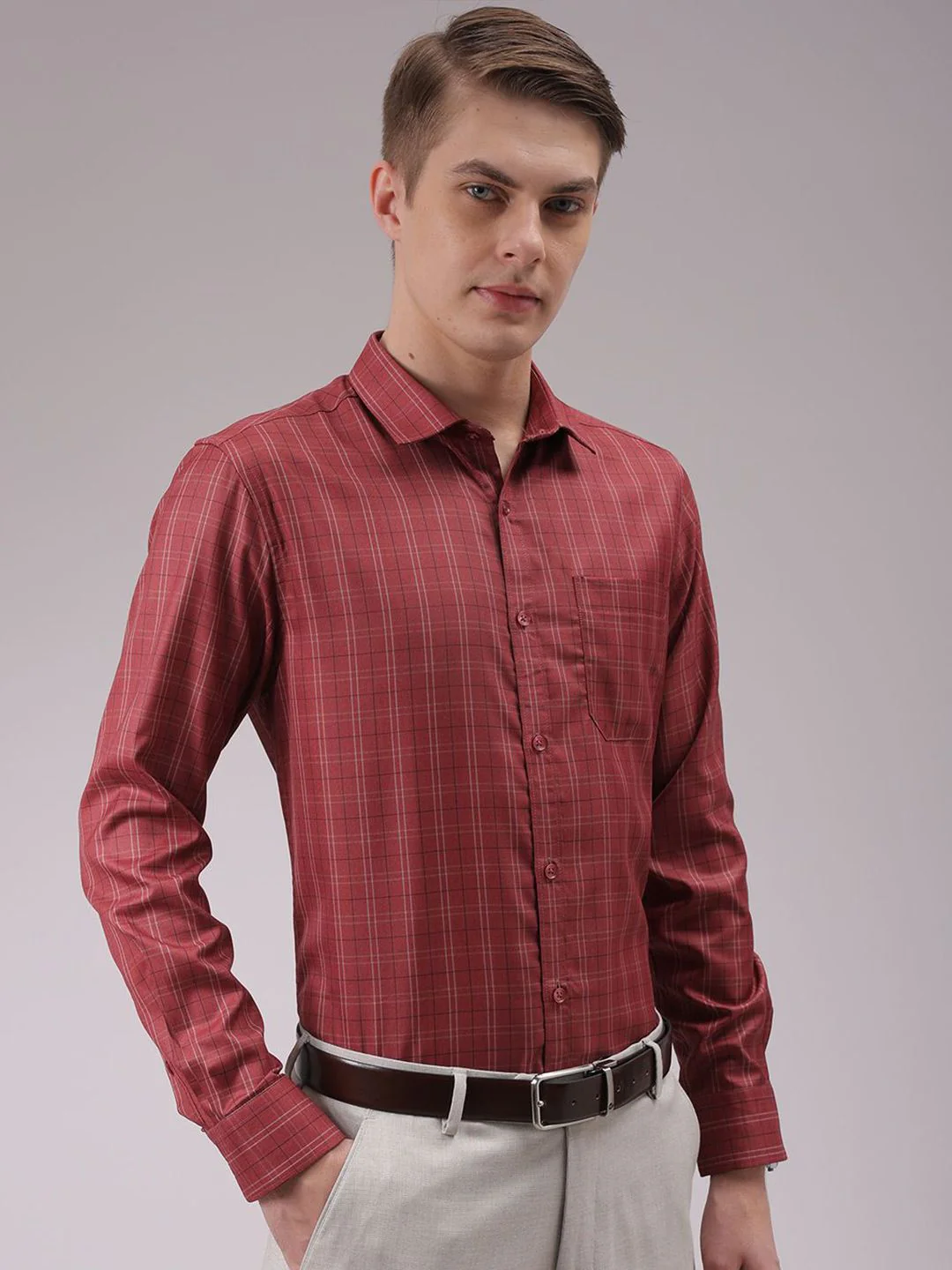 The Indian Garage Co. X Luxe Men Cutaway Collar Checked Slim Fit Formal Shirt - Image 5