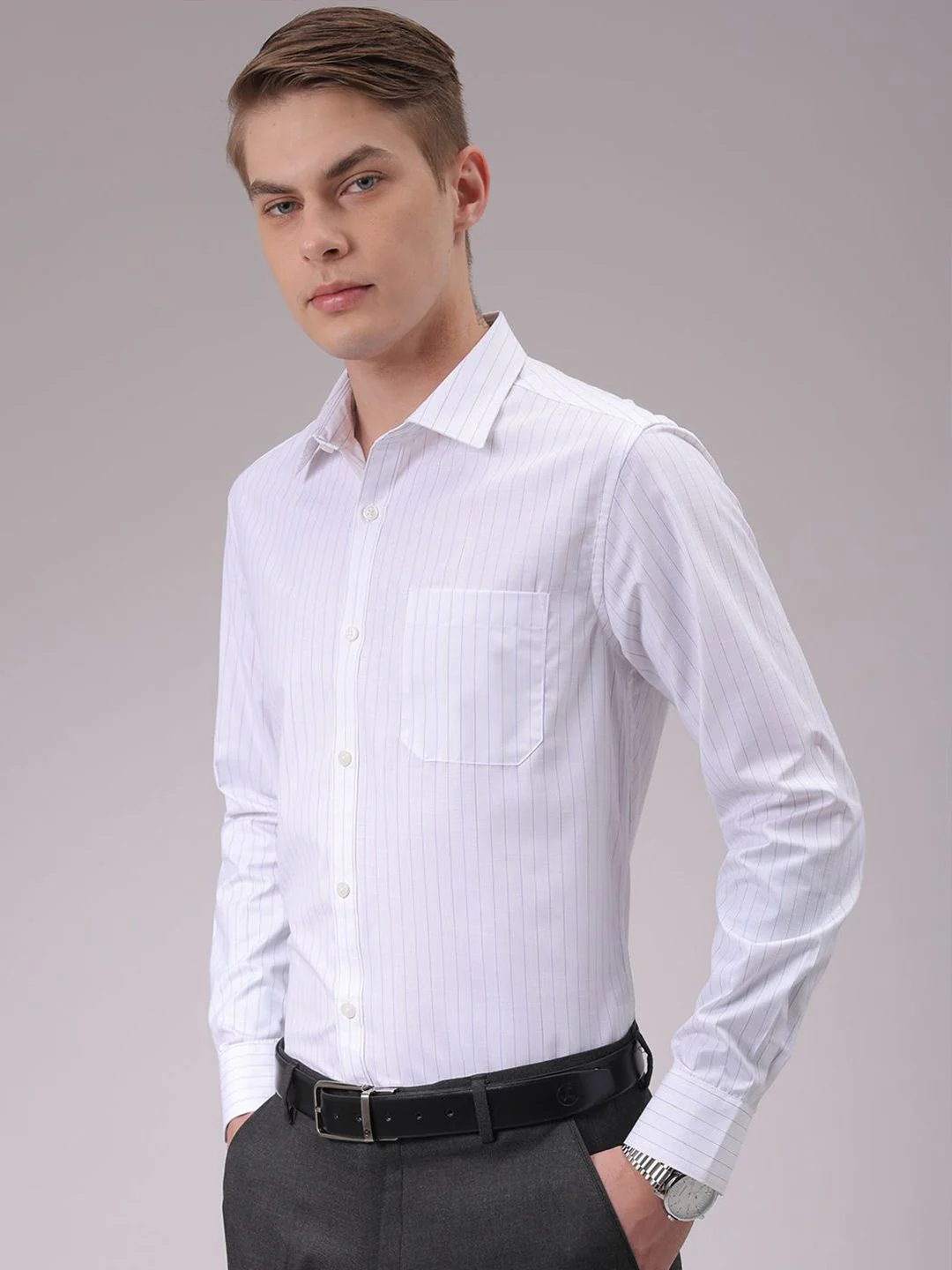 The Indian Garage Co. X Luxe Men Cutaway Collar Vertical Striped Slim Fit Formal Shirt - Image 5