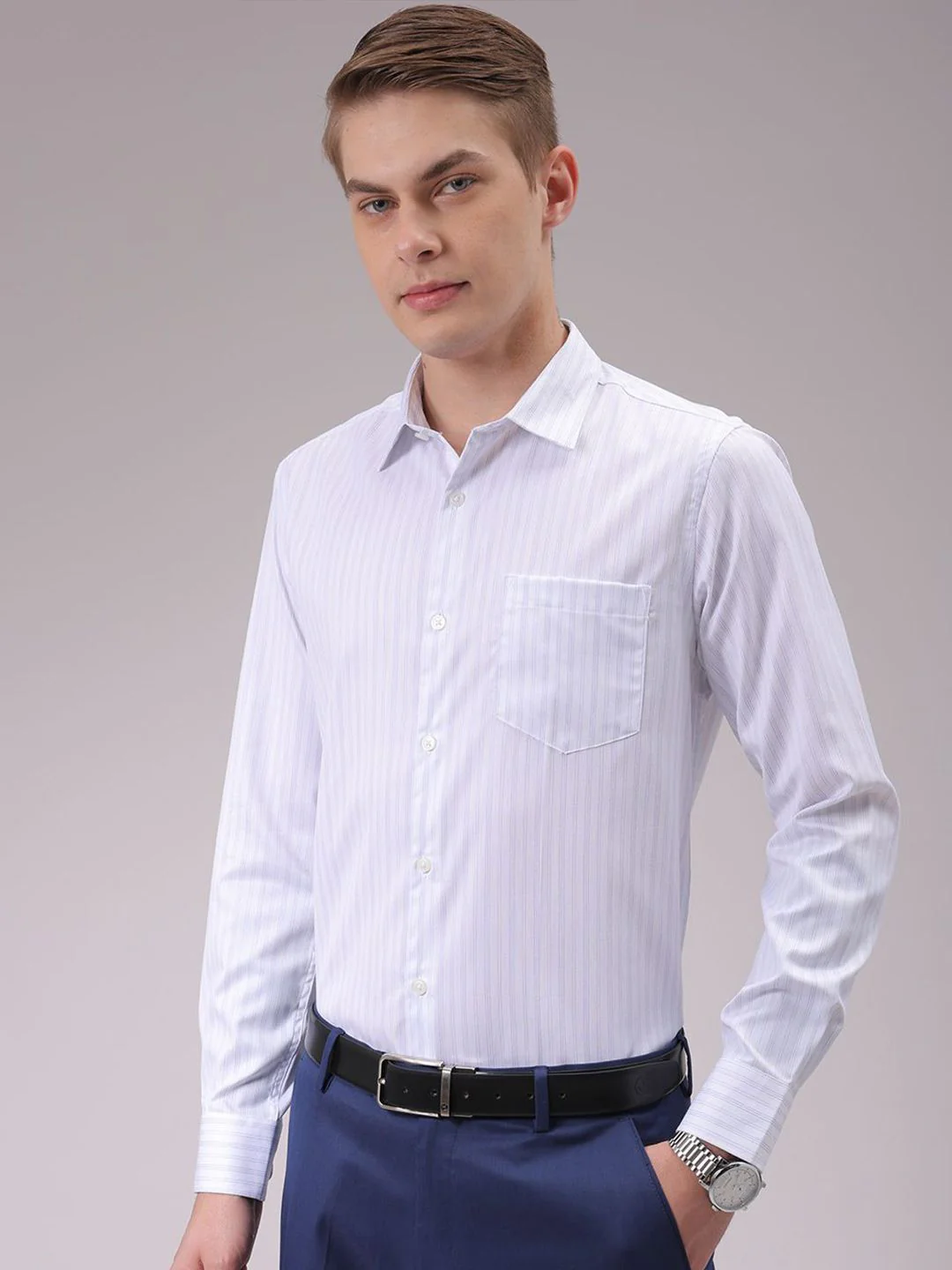 The Indian Garage Co. X Luxe Men Cutaway Collar Vertical Striped Slim Fit Formal Shirt - Image 2