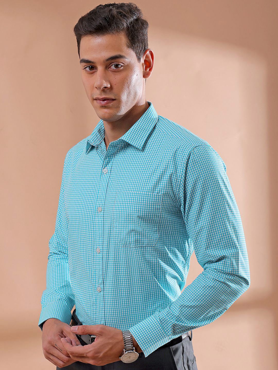The Indian Garage Co. X Luxe Men Slim Fit Micro Checks Formal Shirt - Image 5