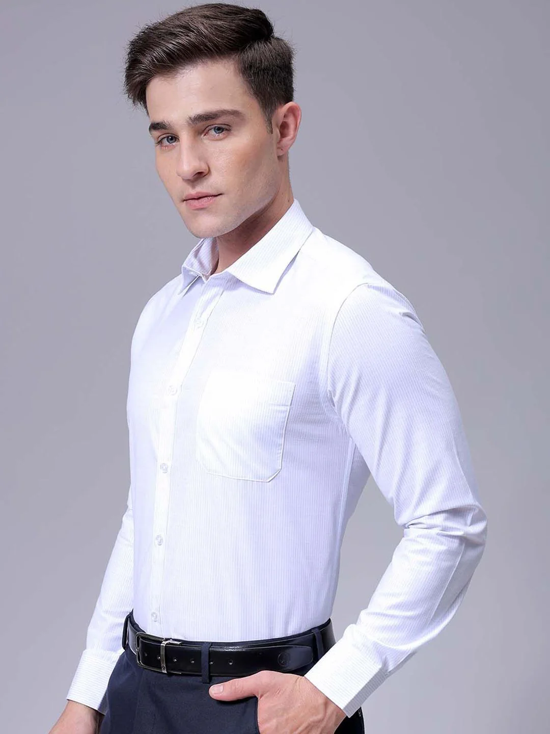 The Indian Garage Co. X Luxe Men Slim Fit Spread Collar Vertical Striped Formal Shirt - Image 4
