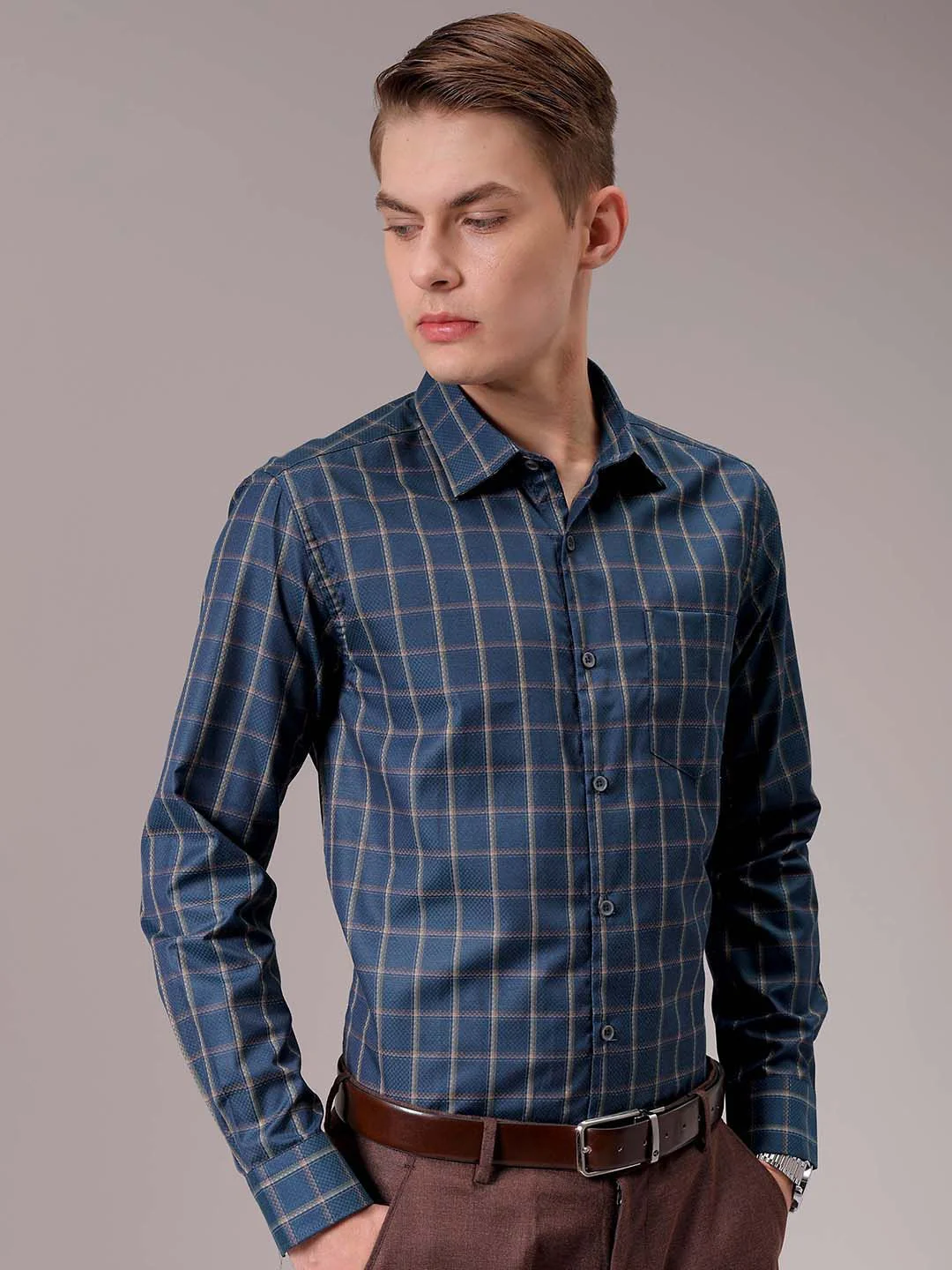 The Indian Garage Co. X Luxe Men Spread Collar Micro Checked Slim Fit Formal Shirt - Image 2
