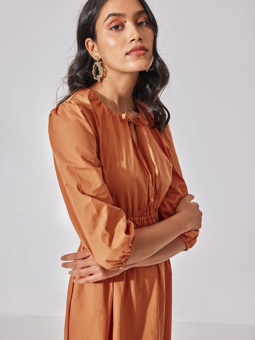 The Label Life Tie-Up Neck Smocked Fit & Flare Cotton Midi Dress - Image 2
