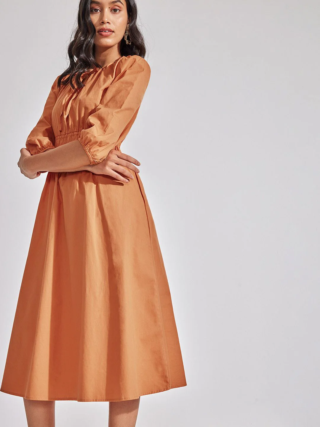 The Label Life Tie-Up Neck Smocked Fit & Flare Cotton Midi Dress - Image 3