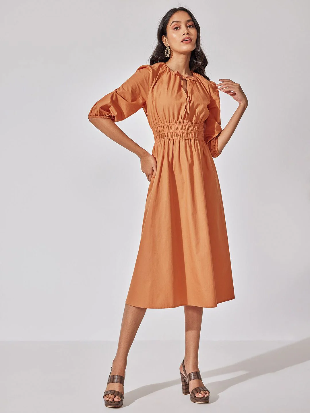 The Label Life Tie-Up Neck Smocked Fit & Flare Cotton Midi Dress - Image 4