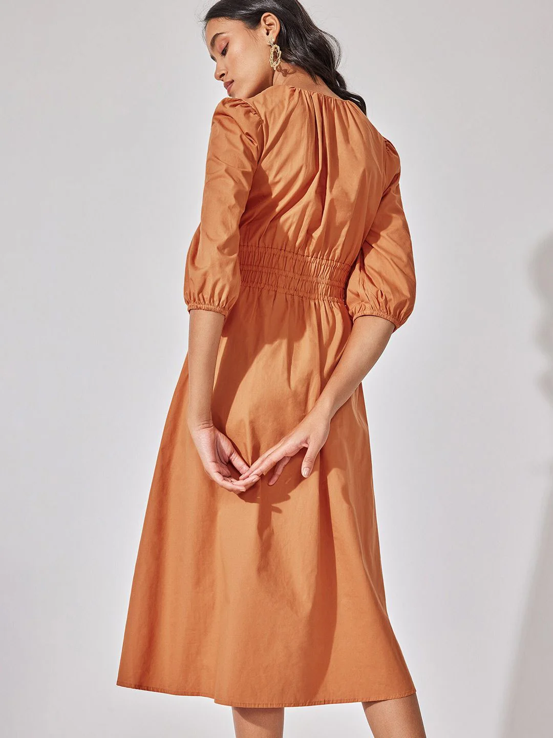 The Label Life Tie-Up Neck Smocked Fit & Flare Cotton Midi Dress - Image 5