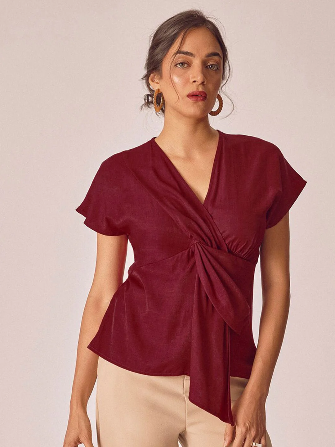 The Label Life V-Neck Extended Sleeves Asymmetric Front Twisted Top - Image 2
