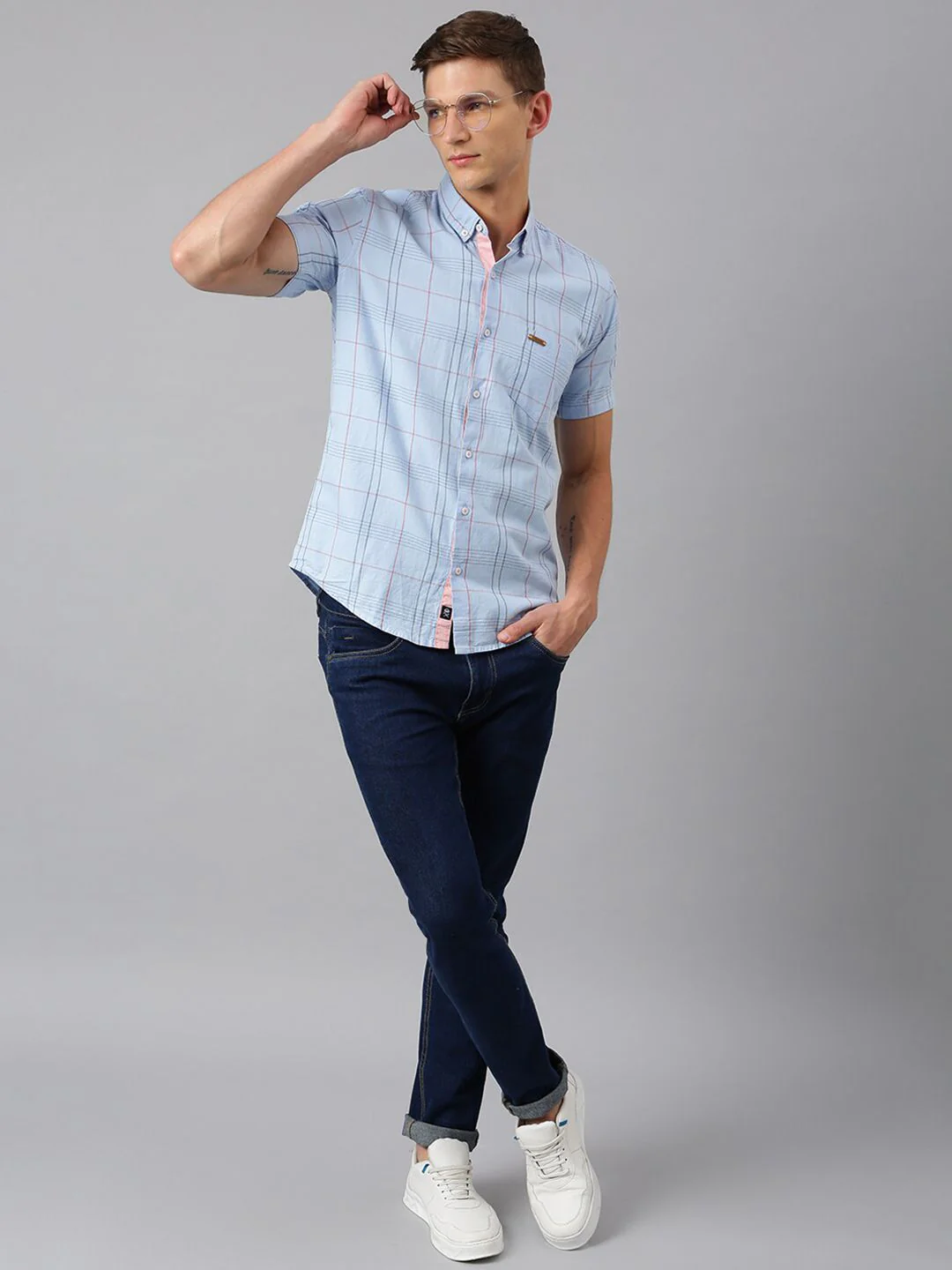 Thomas Scott Men New Millennium Fit Blue Slim Fit Checked Pure Cotton Casual  Shirt - Image 6