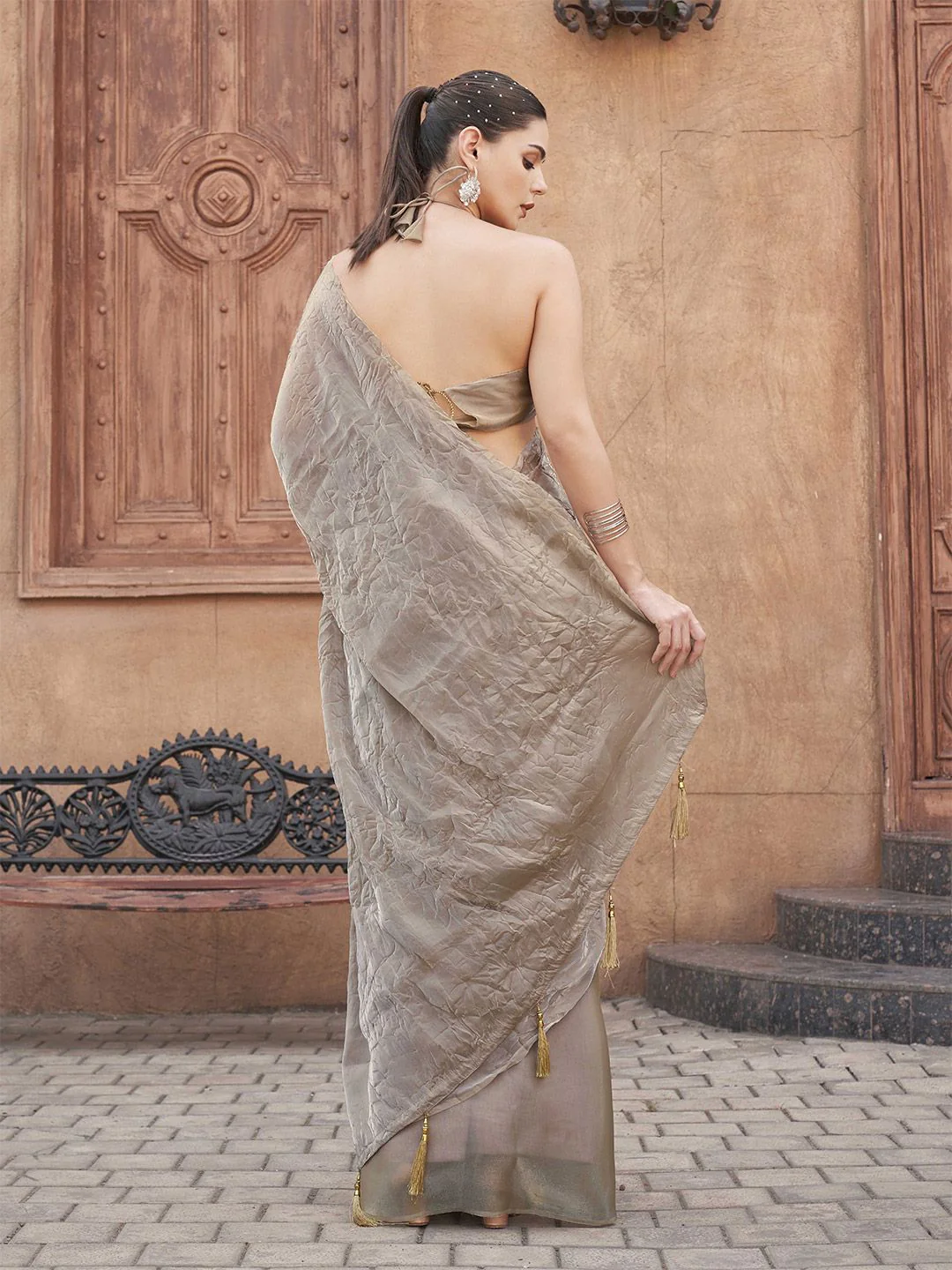 Tikhi Imli Crushed Pallu Half and Half Organza Saree - Image 5